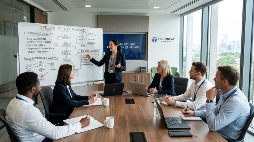 Meeting room scene with IT compliance officer presenting net