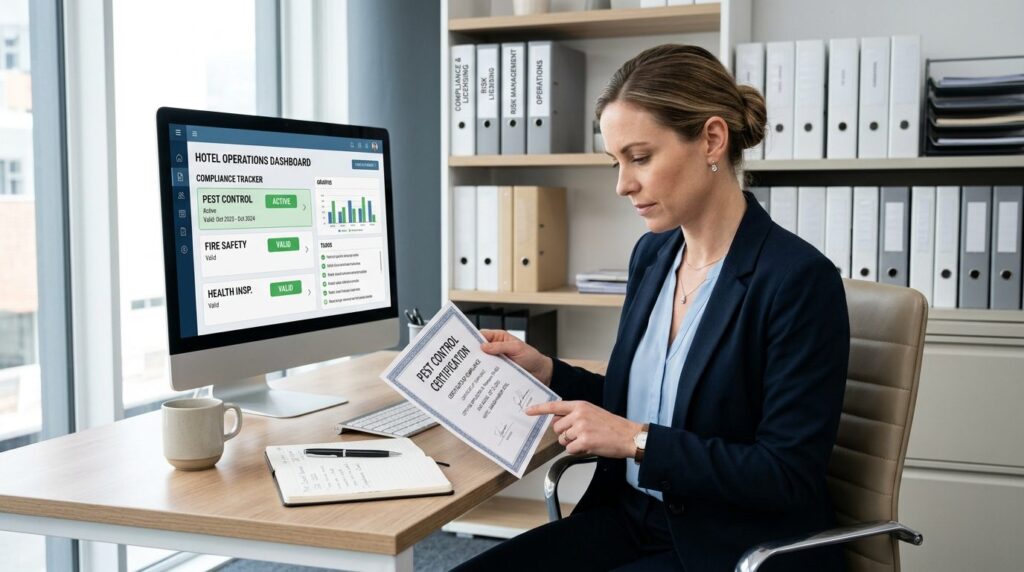 Professional photograph of hotel operations manager reviewin